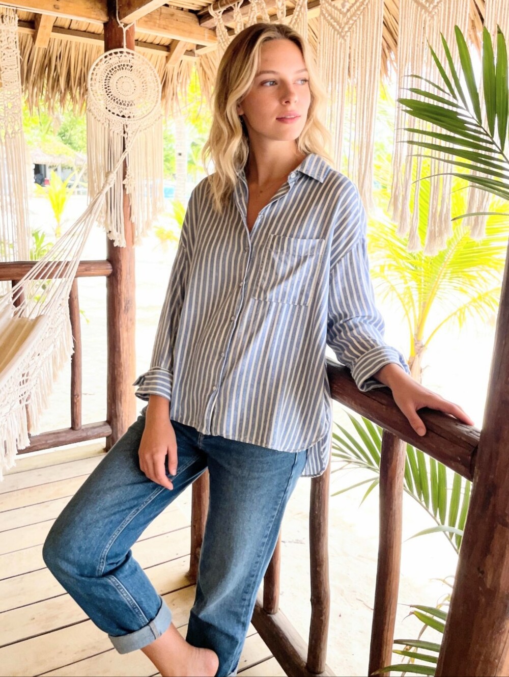 ZARA Womens Shirt Button Down Blue White Stripes SMALL